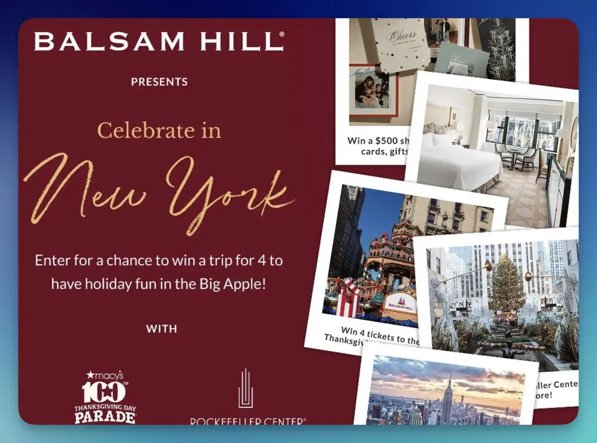 Free Balsam Hill New York Sweepstakes: 4 Flights & 2 Nights Stay