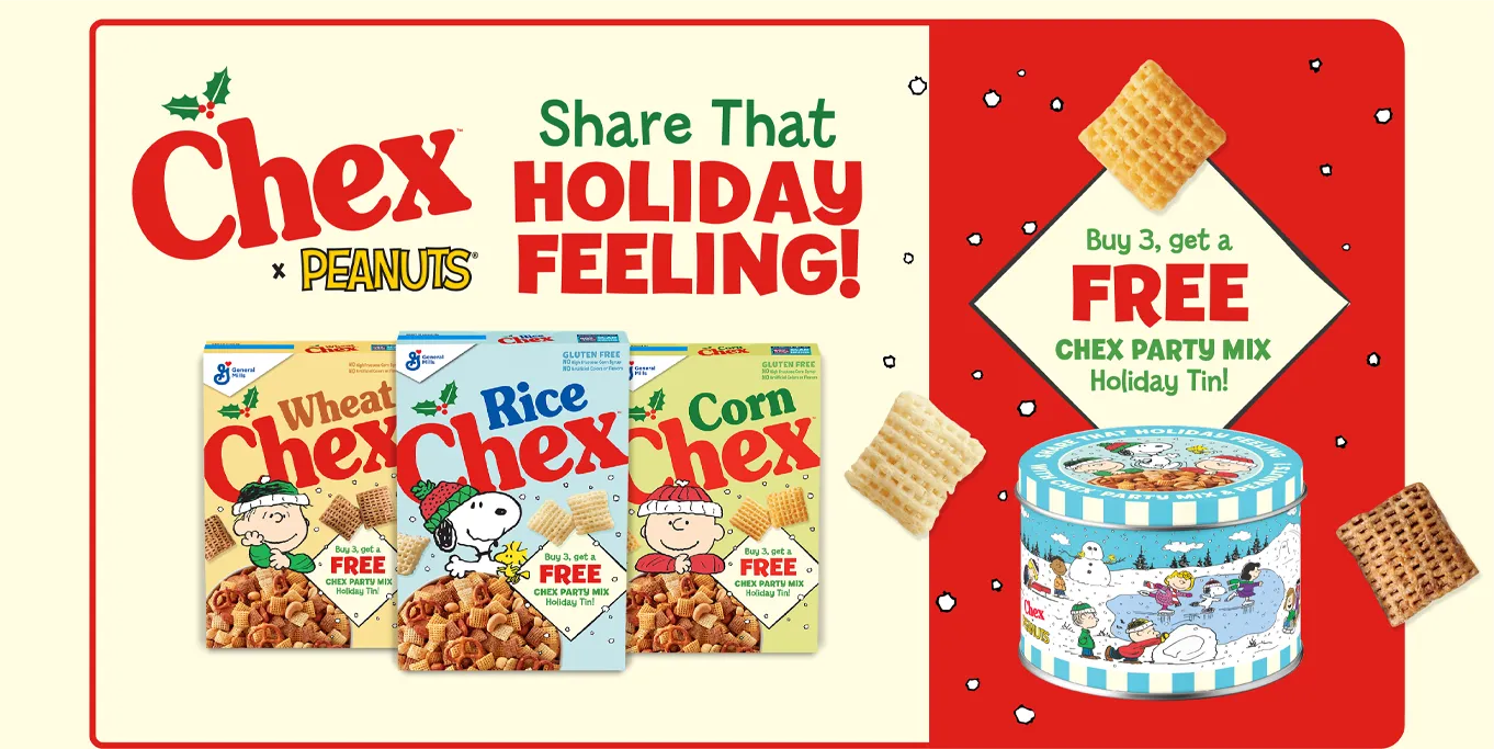 Free Chex x Peanuts Chex Party Mix Holiday Tin