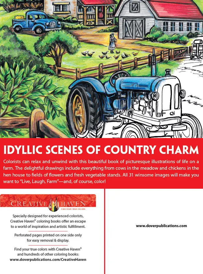 Free Dover Printable Adult Coloring: 6 Country Farm Scenes