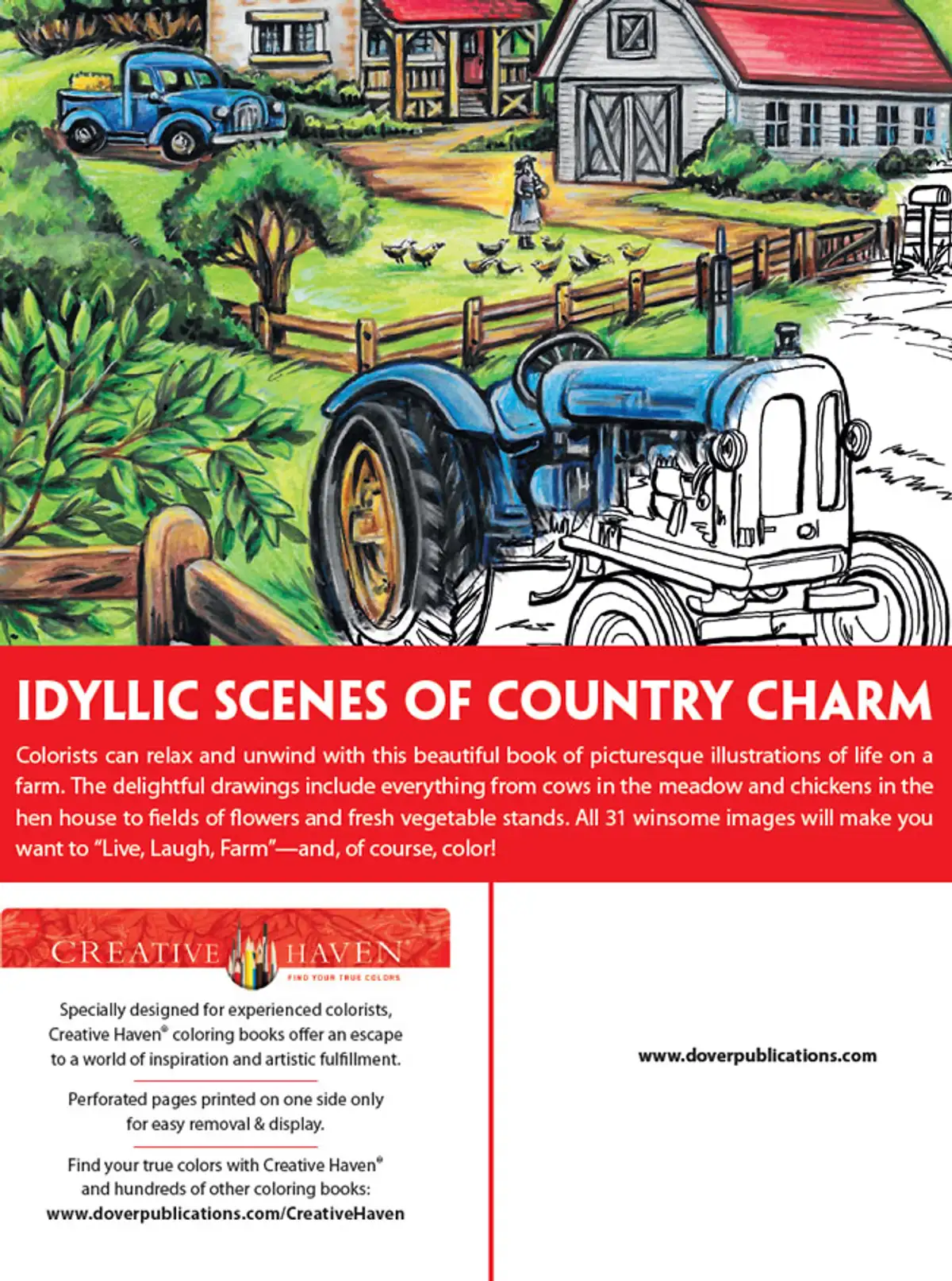 Free Dover Printable Adult Coloring: 6 Country Farm Scenes