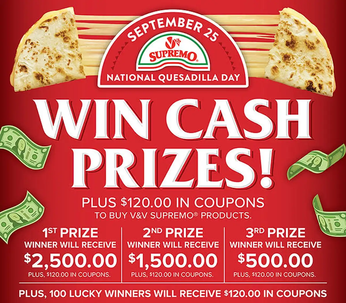 Free V&V Supremo Quesadilla Sweepstakes: Win $2,500 Cash!